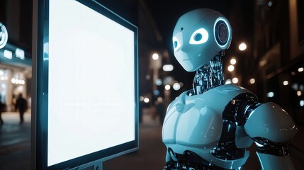 AI robot with illuminated features stands next to a blank white LED advertising board, merging technology with creative digital advertising