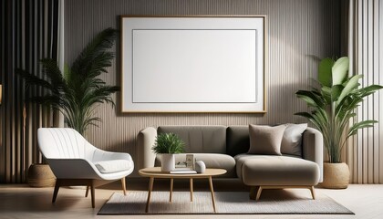 Modern 3D Rendered Living Room Design Striking Contemporary Frame in Vibrant Interior Backdrop, Showcasing Elegance and Innovation.
