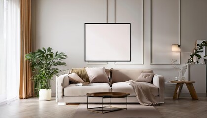 Modern Contemporary Living Room Interior Stunning 3D Render Showcasing a Mock Up Poster Frame in a Sleek, Minimalistic Setting, Perfect for Digital Art or Home Decor Inspiration