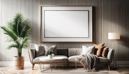 3D Rendered Modern Interior Mockup Poster Frame Contemporary Style Living Room Set in Vibrant Background, Evoking a Sleek and Sophisticated Ambience