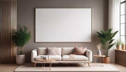 Stunning 3D Minimalist Living Room Poster Frame in Modern Interior, Showcasing a Sophisticated and Trendy Atmosphere, Perfect for Home Decor or Digital Art
