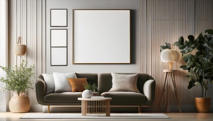 Modern Scandinavian Living Room Mockup Poster Frame in a 3D Rendered Minimalist Interior, Evoking Tranquility and Sophistication with Its Cool Tones and Textured Geometric Patterns.