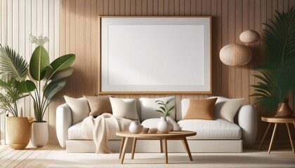 3D Rendered Scandinavian Living Room Mockup Poster Frame in Modern Interior Background Elegant Minimalism Meets Natural Textures for a Cozy yet Chic Space, Perfect for Digital Art, Home Decor,