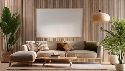 3D Modern Scandinavian Living Room Mockup Poster Frame in Minimalist Interior Background Vibrant and Harmonious 3D Render