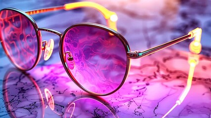 Stylish sunglasses with vibrant purple lenses resting on a marbled surface, illuminated by colorful lights