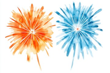 Vibrant watercolor fireworks celebration urban nightscape art piece festive atmosphere aerial view colorful display, isolated on white background