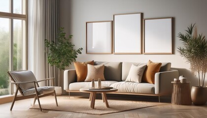3D Rendered ScandinavianStyle Living Room Mockup Poster Frame in Modern Interior with a Minimalistic Touch, Evoking a Sense of Tranquility and Sophistication.