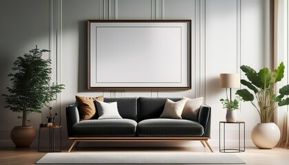 Modern Scandinavian Living Room Mockup A Striking 3D Rendered Frame Amidst a Calm, Bold and Clean Minimalistic Backdrop Perfect for Home Decor or Digital Art.