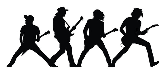 Energetic rock band silhouette performing on stage vector illustration.