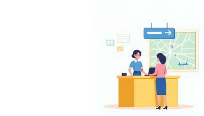 Two Women at Pastel Yellow Information Desk with Map and Signage, Modern Minimalist Illustration