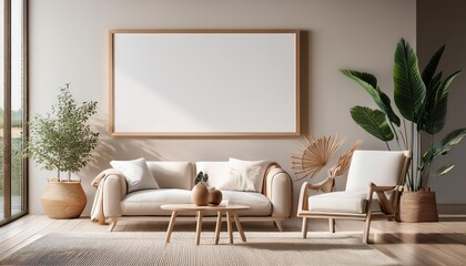 3D Scandinavian Modern Interior MockUp Poster Frame in a Minimalist Living Room Backdrop, Evoking a Cool Calmness and Tranquility, Perfect for Digital Art, Home Decor, or Design Inspiration
