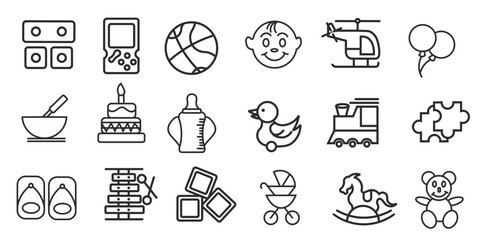 Children Toys Linear Vector Thin Icons Set. vector