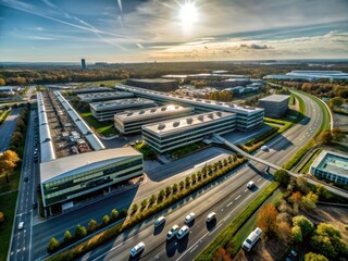 Stunning aerial photography captures a bustling mega-corporation headquarters, a testament to success.