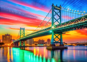 Naklejka premium Stunning Ben Franklin Bridge sunsets. Philadelphia's cityscape glows in captivating dusk photography.