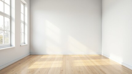 Obraz premium Empty Room with Sunlight Streaming Through Windows and Light Wooden Floor