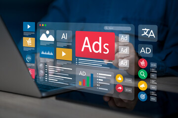 Businessman doing digital marketing and online advertising to target customers. Online sales concept of digital marketing, ad, product ads, promotion of products or services through digital tools.