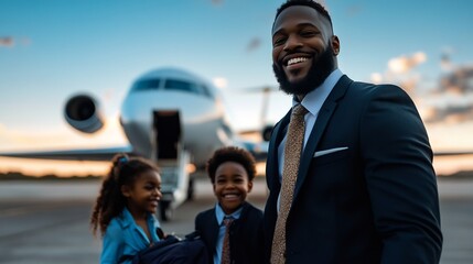 Smiling Family of Four Posing by Private Jet on Airport Tarmac at Sunset