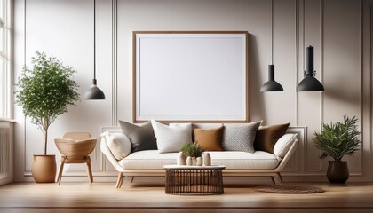 Stunning 3D Scandinavian Living Room Mockup with Modern Minimalism and Warm Neutrals, Perfect for Home Decor Inspiration or Digital Art.