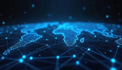 Abstract digital technology background with blue glowing world map connections and dots on black space. Network connection, global communication idea and worldwide tech concept.