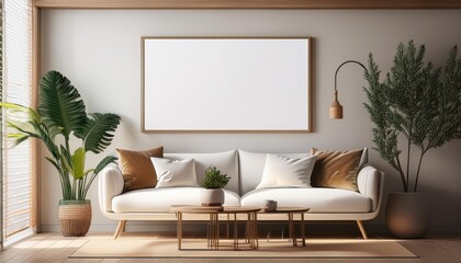 Modern Scandinavian Interior 3D Rendered Mockup Poster Frame in a Minimalist Living Room Backdrop with Rich Textures and Cool Tones, Ideal for Digital Art, Home Decor, or Design Inspiration