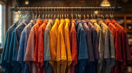 Colorful Plaid Shirts Hanging on Rack Fashion Apparel Retail Display Clothing Store