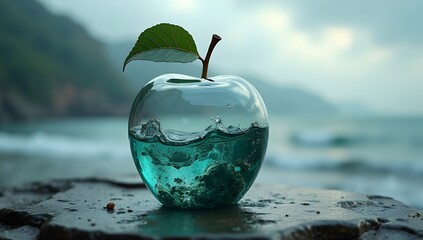 The sea should serve as the underlying backdrop, with its details subtly incorporated into the glossy glass apple, sharp focus, double exposure, glossy glass apple.