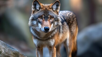 Fototapeta premium Majestic Red Wolf Portrait: A Wild Encounter in the Forest