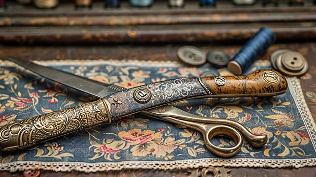 Vintage sewing tools on an ornate fabric background with spools and buttons in a cozy workspace