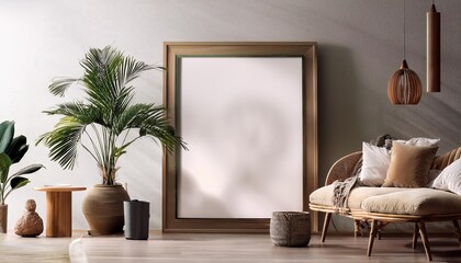 3D Modern Scandinavian Living Room Mockup Poster Frame in a Minimalistic Interior Background, Radiating Serene Elegance and Sophistication in a Contemporary Environment.