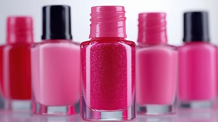 A vibrant display of nail polish bottles in shades of red and pink, showcasing a glossy finish and a glamorous aesthetic.