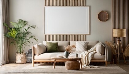 3D Rendered Scandinavian Style Living Room Mock Up Poster Frame Set Against a Modern Interior Background and Minimalist Backdrop, Capturing the Essence of Elegant Simplicity in a Contemporary