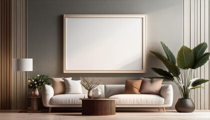 Elegant Scandinavianinspired Modern Living Room Poster Frame Display amidst a Minimalist Backdrop, Exuding a Calm and Inviting Atmosphere for Home Decor or Artwork.