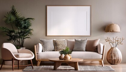3D Rendered Scandinavian Living Room Interior Poster Frame in Modern Background, Showcasing a Minimalistic Cozy Atmosphere with Textured Wooden Furniture, Clean Lines, and Warm Lighting. Perfect