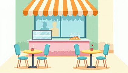 Fototapeta premium Pastel Pixel Art Cafe Illustration with Orange Striped Awning Teal Chairs and Yellow Tables