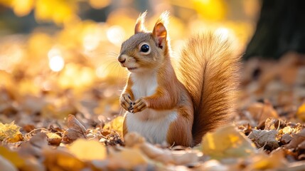 Adorable Red Squirrel Amidst Autumn Leaves