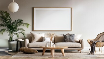 Modern Minimalist Masterpiece 3D Rendered Scandinavian Living Room Poster Frame Amidst a Warm, Inviting Interior Backdrop, Echoing the Tranquil Essence of a Cozy Retreat.