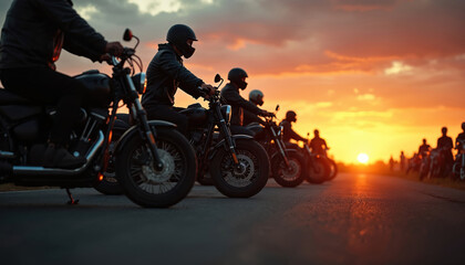 Obraz premium Motorcycle gang meets at sunset. Bikers gather on road, wear helmets, leather jackets. Group of people ride bikes, enjoy freedom, lifestyle, explore route at trip.