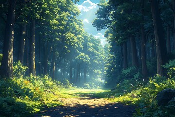 Obraz premium Forest in the morning in a fog in the sun, trees in a haze of light, glowing fog among the trees