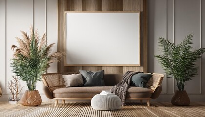 3D Scandinavian Style Mockup Poster Frame in Modern Interior Background A Vibrant, Minimalistic Living Room Design Idea, Perfect for Home Decor and Art Lovers Seeking Fresh and Invigorating