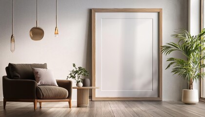 3D Scandinavian Living Room Mockup Poster Frame in Modern Interior Background, Radiating Minimalist Elegance and Tranquility with a Touch of Timeless Warmth.