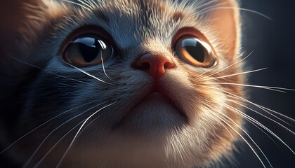Close up of an adorable kitten looking upwards intently
