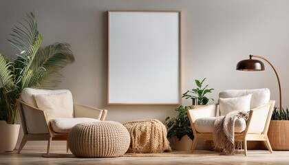 3D Rendered Scandinavian Style MockUp Poster Frame in Modern Interior Background, Evoking a Cozy and Chic Atmosphere for Home Decor or Digital Art.
