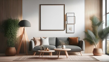 3D Rendered ScandinavianStyle Living Room Mockup Poster Frame Against a Modern Interior Background, Showcasing a Chic and Minimalist Atmosphere with Rich Textures and Muted Colors,
