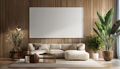 Modern Scandinavian Living Room MockUp Poster Frame, Set in a 3D Rendered Minimalist Interior Background, Evoking Tranquility and Sophistication with its Cool Neutrals and Organic Textures,