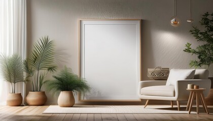 ScandinavianStyle Living Room Mockup Poster Frame in a Modern Interior, Enhancing Minimalist Aesthetics with a 3D Render, Set Against an Inviting Backdrop of a Cozy Living Space, Radiating