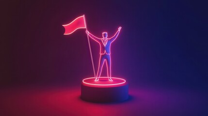 neon businessman holding a flag while standing on a podium, symbolizing the pinnacle of success, the rewards of leadership, and the achievement of goals