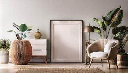 3D Rendered Scandinavian Living Room Poster Frame in Modern Interior Background A Cool and Calm Space Perfect for Digital Art, Home Decor, or Design Inspiration