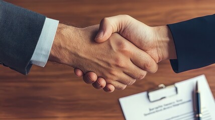 Obraz premium owner agreement management interest pricing concept. Handshake between two business professionals with a contract visible, symbolizing agreement and partnership.