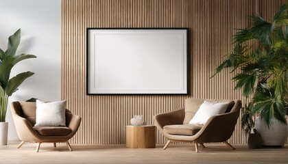 Modern Scandinavian Living Room Interior with Mock Up Poster Frame in a Minimalistic 3D Rendered Setting, Illuminated by Soft Natural Light and Radiating a Sense of Tranquility and Harmony.