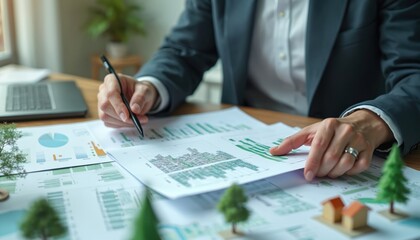 Businessman analyzes ESG data. Financial charts, diagrams with green graphs, toy trees on table. CO2 emissions reduction. CSRD reporting. Responsible business practices, sustainability audit.